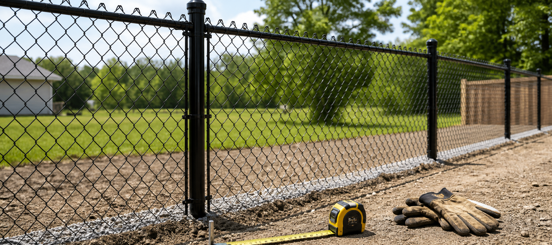 Fence installation site with tools